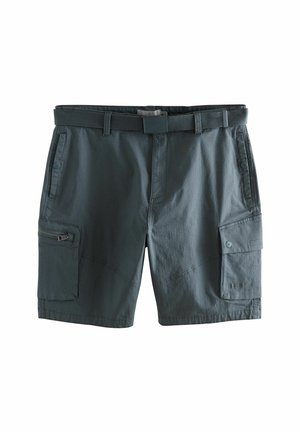 Sötétszürke cargo rövidnadrág szőtt övvel, cipzáras zsebbel a bal oldalon, és gombos fedélzsebbel a jobbon. Sima textúra, laza dizájn.