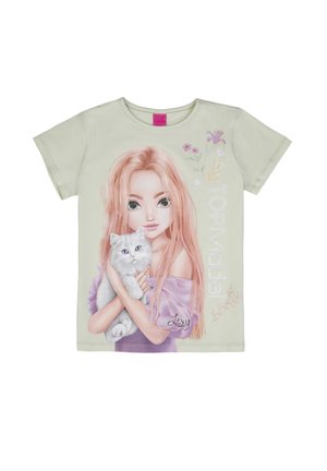 Girl with long pink hair holding a white cat, wearing a purple off-shoulder dress, with floral accents and "Top Model" text on the shirt.