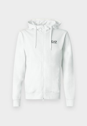 Witte hoodie met ritssluiting aan de voorkant, capuchon met trekkoord en EA7-logo in het zwart op de linkerborst. Soepele stof, geribbelde manchetten en zoom.