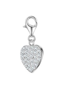 Silverfärgad hjärtformad berlock med en texturerad yta prydd med små klara stenar, fäst vid ett kräftklor.