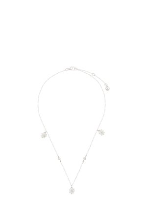 Silver chain necklace featuring three delicate spider web pendants, interspersed with small, round beads. Classic clasp closure.