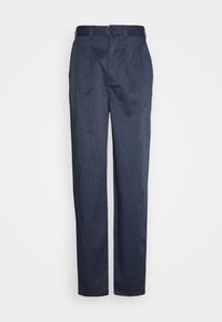 Marinblå byxor med en slät yta, rak ben-design och flat front. Har normal midja och bälteshällor. Inga synliga fickor.