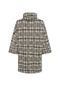 Abrigo a cuadros en una paleta de colores beige y negro, con un cuello alto y mangas anchas y cortas. Tejido suave y texturizado con un ajuste suelto.