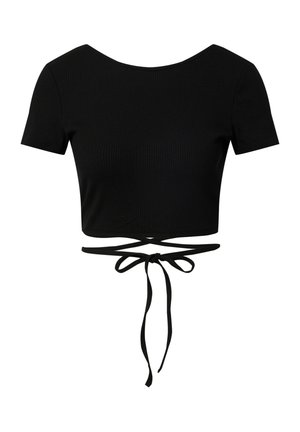 Schwarzes cropped Top mit gerippter Textur, runder Halslinie, kurzen Ärmeln und einem Taillengürtel mit zwei langen, hängenden Bändern zur Anpassung.