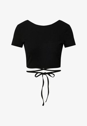 Schwarzes cropped Top mit gerippter Textur, runder Halslinie, kurzen Ärmeln und einem Taillengürtel mit zwei langen, hängenden Bändern zur Anpassung.