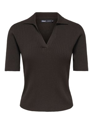 Haut court en mailles marron foncé à manches courtes avec un col à pointes et une ouverture en V profonde.