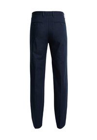 Pantalones azul marino con un diseño de pierna recta, que cuentan con dos bolsillos traseros y una textura suave. Cintura ajustada con pasadores para cinturón.