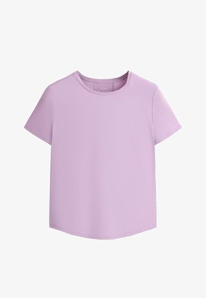 Tricou lavandă cu mâneci scurte, gât rotund, material neted și design simplu, prezentat pe un fundal alb.