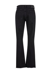 Jeans negri din denim evazați, cu talie înaltă, design cu cinci buzunare și tiv brut. Prezintă cusături rezistente și o textură netedă.