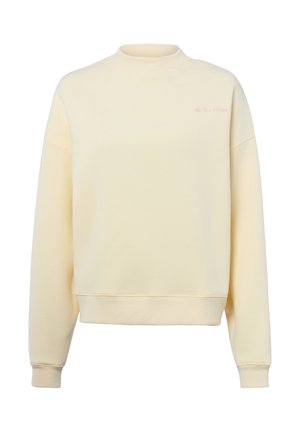 Cremefarbener Pullover mit Rundhalsausschnitt und langen Ärmeln, mit gerippten Bündchen und Saum, versehen mit einem kleinen gestickten Logo auf der oberen linken Brust.