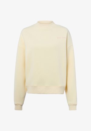 Crèmekleurige sweater met lange mouwen en een ronde hals, voorzien van geribbelde boorden aan de mouwen en zoom, met een klein geborduurd logo op de linkerborst.