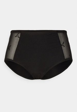 Culotte haute noire mettant en valeur des panneaux latéraux en mesh avec broderie florale, texture lisse et coupe classique.