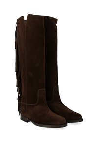 Bottes en suede marron jusqu'au genou avec des détails en franges sur le côté, une surface lisse, un bout carré et un petit talon empilable. Coutures contrastées visibles.