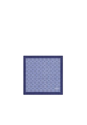 Blue square handkerchief with circular floral patterns and small squares, featuring a darker blue border and a "BOGGI" logo in the corner.