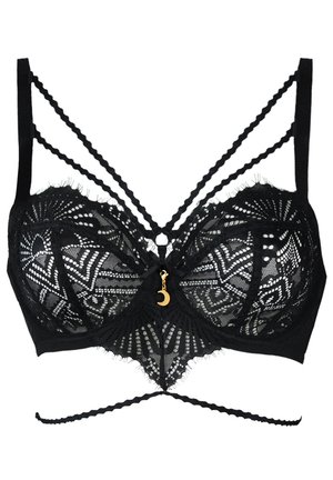Black lace bra with geometric patterns, featuring a center gold moon charm, sheer cups, and multiple strappy details.