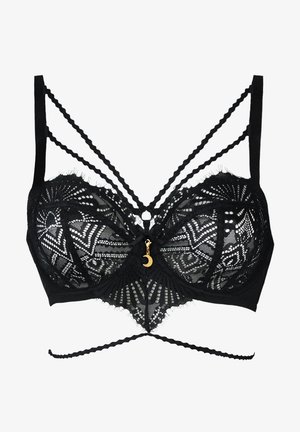 Schwarzer Spitzen-BH mit geometrischen Mustern, verziert mit einem goldenen Mondanhänger in der Mitte, transparenten Cups und mehreren Riemchen-Details.