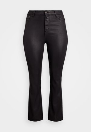 Jeans de denim negre evazați cu talie înaltă, dotate cu închidere frontală cu nasture, cinci buzunare și o textură netedă, ușor elastică.
