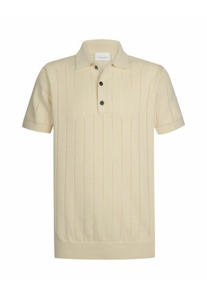 Polo beige a maniche corte con un design a coste testurizzato, caratterizzato da strisce verticali e tre bottoni neri sul colletto.