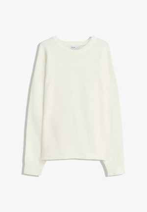 Cremfarvet strikket sweater med V-hals, lange ærmer og ribbede manchetter. Stoffet ser blødt ud med en glat tekstur.