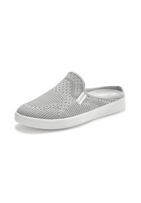 Grey slip-on shoe with textured knit upper, featuring light perforations, a rounded toe, and a white rubber sole.