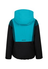 Schwarze und türkisfarbene Jacke mit Kapuze, aus glattem Stoff. Sie verfügt über einen hohen Kragen, einen elastischen Saum und ein dezentes Logo auf dem Rücken.