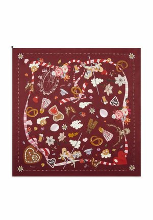 Écharpe rouge foncé avec chevaux de manège, bretzels, fleurs, cœurs, chopes de bière, grande roue, coccinelles et rubans dans un motif ludique et festif.
