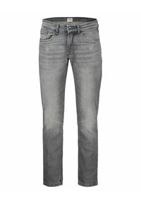 Jean en denim gris ajusté avec un lavage délavé, design standard à cinq poches et fermeture éclair avec un bouton.
