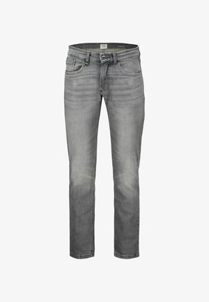 Slim-fit grijze denim jeans met een vervaagd waseffect, standaard vijf-pocket ontwerp en een ritssluiting met een knoopsluiting.