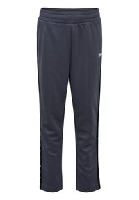 Szare spodnie sportowe z czarnym logo na pasku i kontrastującymi czarnymi panelami bocznymi z białymi detalami tekstowymi. Miękki materiał, luźny krój.