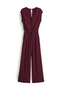 Burgunderfarbener Jumpsuit mit kurzen Ärmeln, V-Ausschnitt, elastischem Bund, Kordelzug und weitem Bein. Glattes Material mit leichtem Glanz.