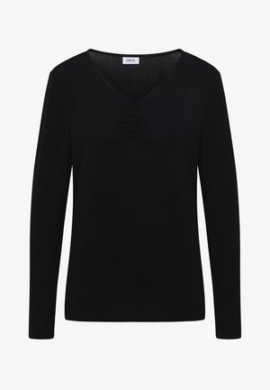 Schwarzes Langarmoberteil mit V-Ausschnitt und Raffung in der Mitte vorne, aus einem glatten Stoff mit weicher Textur.