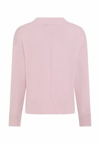 Hellrosa gestrickter Pullover mit rundem Ausschnitt, gerippten Bündchen und lockerer Passform. Glatte Textur mit dezenten Nahtdetails auf der Rückseite.