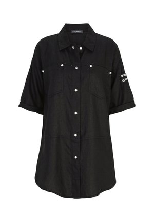 Black button-up shirt made of breathable fabric. Features short sleeves, a collar, two chest pockets, and decorative studs on one sleeve.
