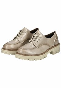 Scarpe stringate metalliche taupe con tomaia texture, punta rotonda e suola in gomma beige con motivo a tassello per una maggiore aderenza.