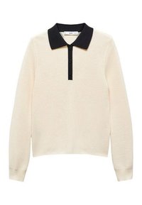 Pull en crème avec un col noir, manches longues et fermeture à boutons au niveau du cou. Tissu tricoté texturé. Style court, avec peu de détails.