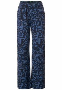 Mörkblå byxor med vida ben som har ett abstrakt bladmönster i ljusare blått, med resårmidja och justerbara dragsko-detaljer.