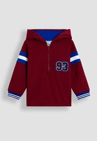 Hanorac maroniu pentru copii, cu fermoar pe jumătate, dungi albastre și albe pe mâneci și manșete, căptușeală albastră a glugii și patch cu "93" pe piept.