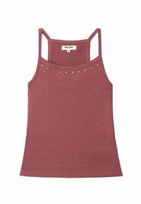 Top sin mangas y ajustado en color rosa empolvado con una textura suave, que presenta adornos de tachuelas doradas y plateadas en la parte superior frontal.