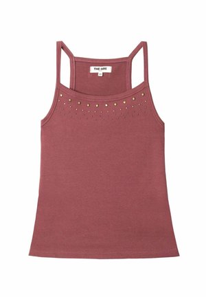 Débardeur sans manches, ajusté, en rose poussiéreux avec une texture lisse, ornée de clous décoratifs dorés et argentés sur le devant supérieur.