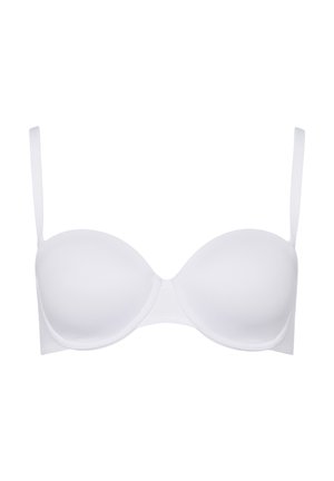 White padded bra with underwire, adjustable straps, smooth fabric, and seamless cups. Simple design, no visible patterns or embellishments.