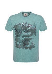 Turkossfärgad T-shirt med kort ärm, tillverkad av mjukt tyg, med ett grafiskt tryck som inkluderar text och mönster i svart och vitt.