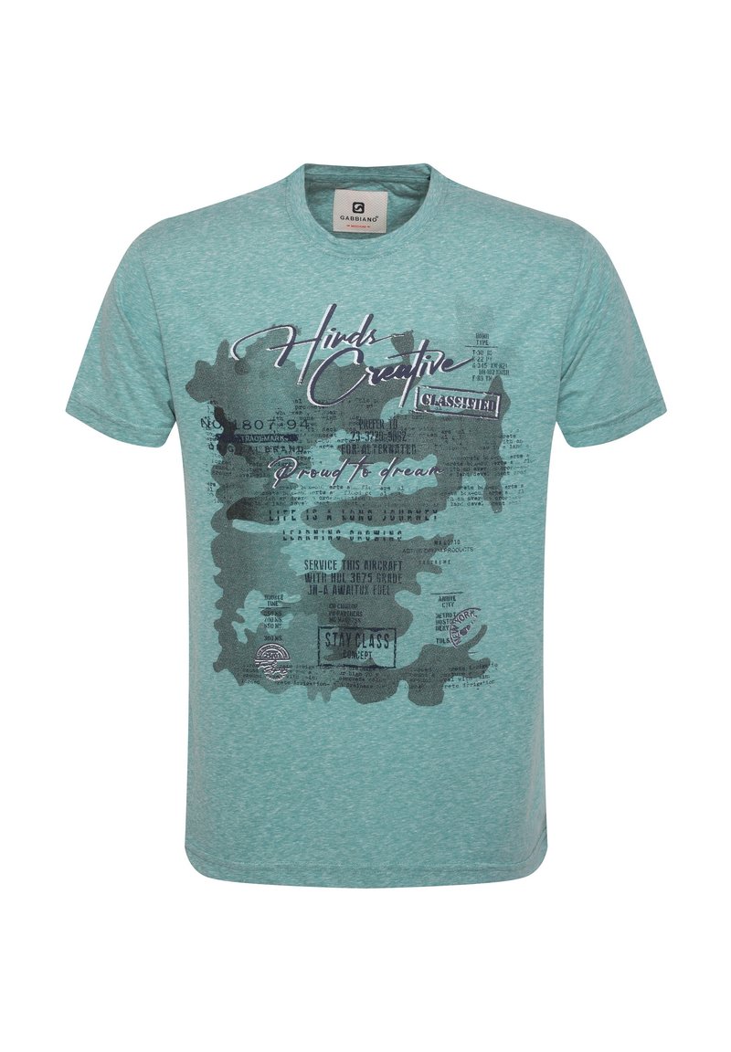 Turkossfärgad T-shirt med kort ärm, tillverkad av mjukt tyg, med ett grafiskt tryck som inkluderar text och mönster i svart och vitt.