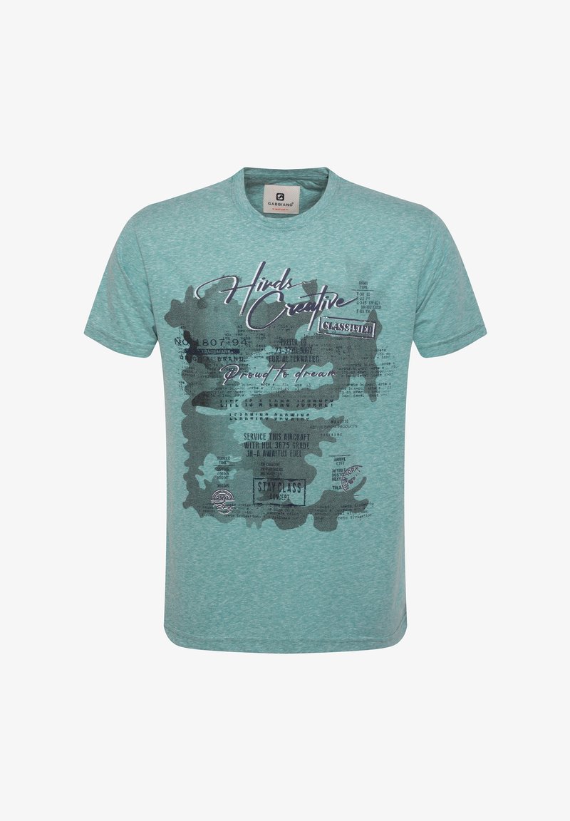 Turquoise short-sleeve T-shirt made of soft fabric, featuring a graphic print with text and patterns in black and white.