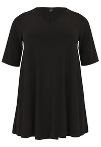 Zwarte tuniek met korte mouwen, gemaakt van zachte jersey stof, met een V-hals en een uitlopende silhoët voor comfort en bewegingsvrijheid.