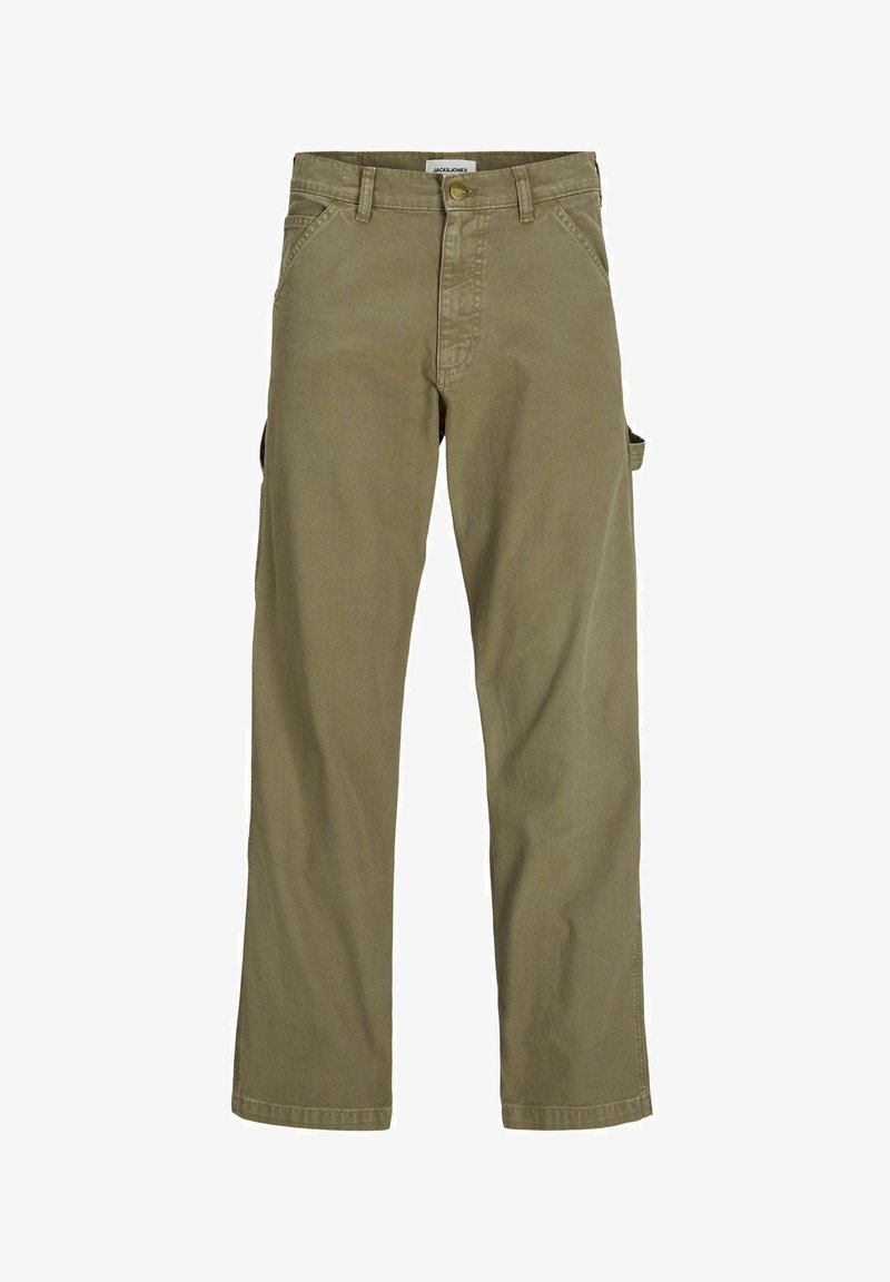 Pantaloni cargo kaki din bumbac, cu croială dreaptă, buzunare laterale și închidere cu buton. Textură netedă cu cusături întărite.