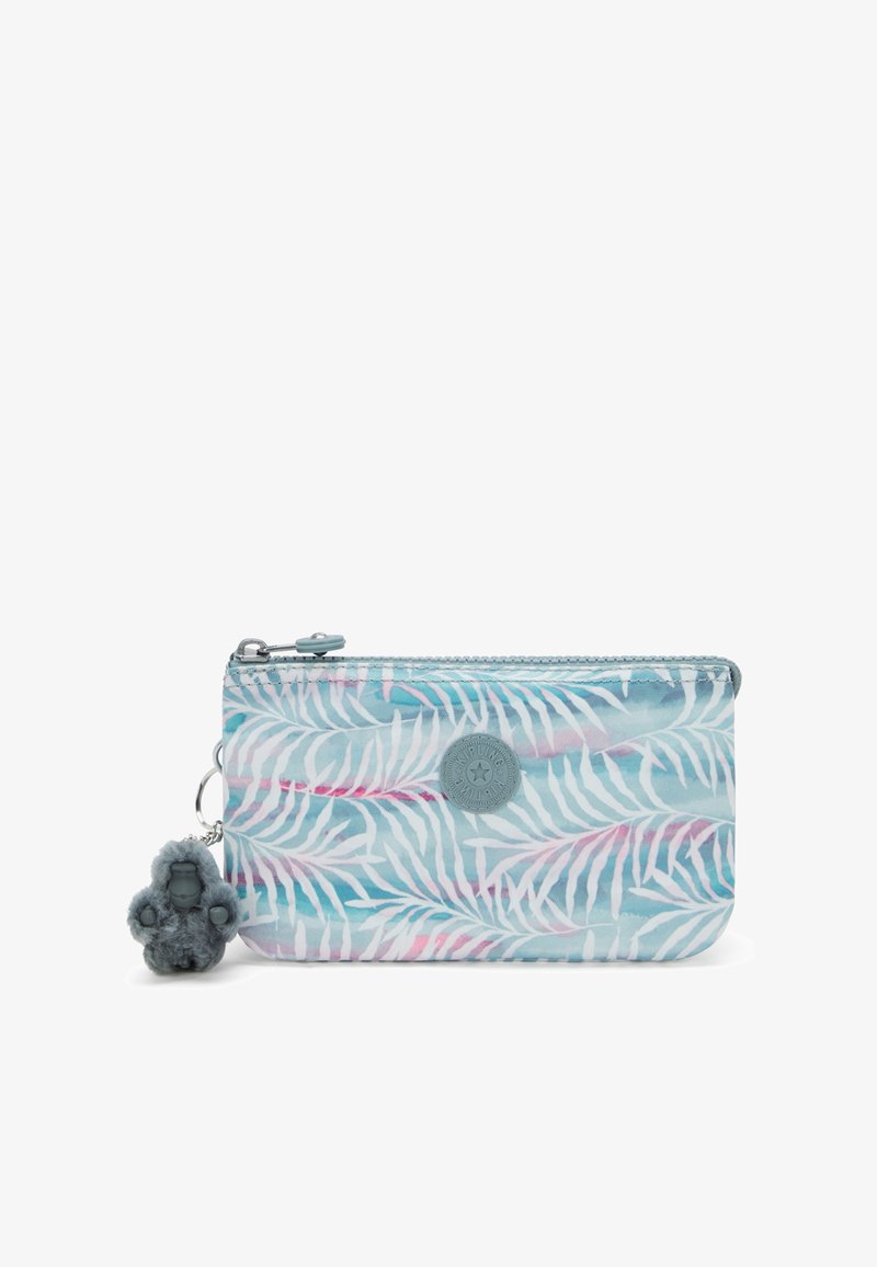 Zippered pouch in light blue with pink and white leaf pattern, featuring a round logo and a soft gray gorilla charm attached.