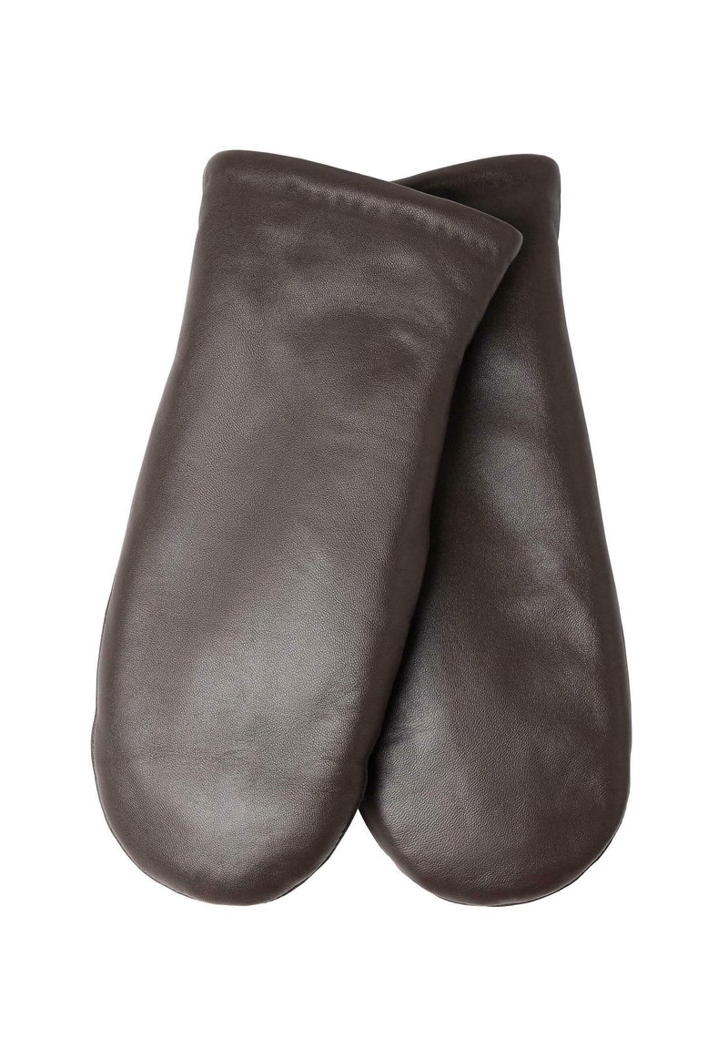 Presine in pelle marrone con una texture liscia, bordi arrotondati e un design minimalista, adatte per maneggiare oggetti caldi.