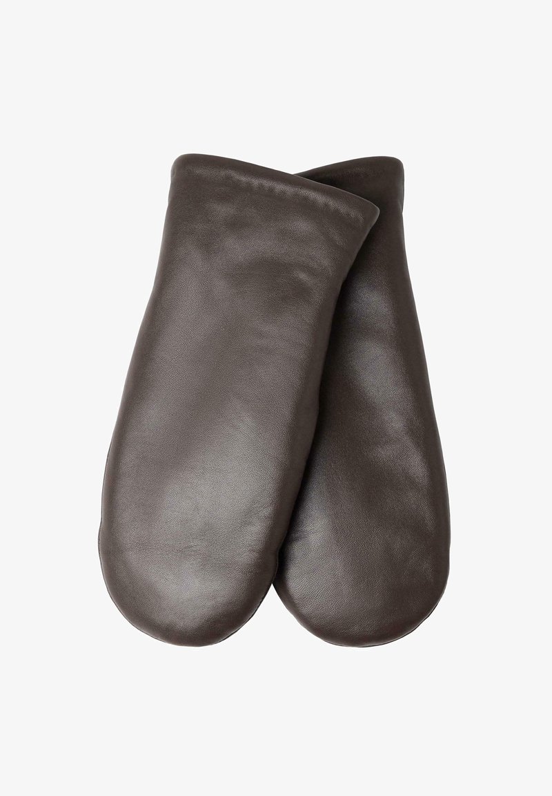 Presine in pelle marrone con una texture liscia, bordi arrotondati e un design minimalista, adatte per maneggiare oggetti caldi.