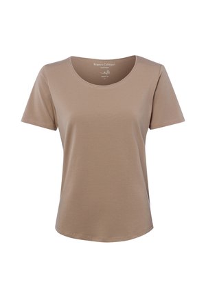 Beżowa bawełniana koszulka z krótkim rękawem i okrągłym dekoltem, o regularnym kroju, prezentowana na białym tle.