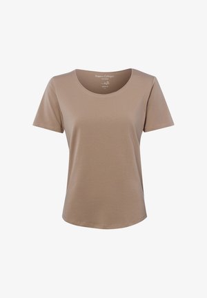 Beżowa bawełniana koszulka z krótkim rękawem i okrągłym dekoltem, o regularnym kroju, prezentowana na białym tle.